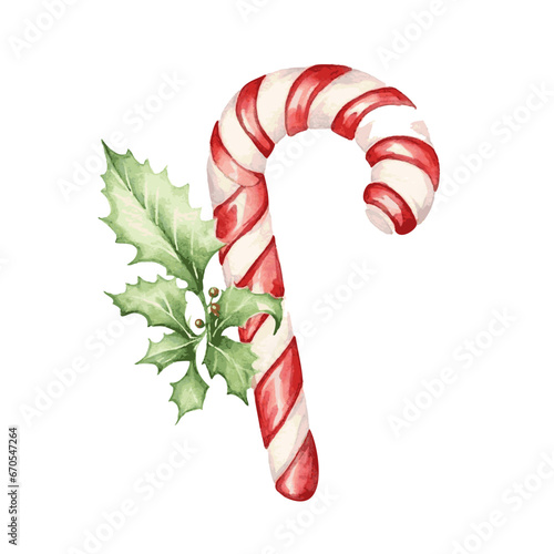 Sweet striped cane candy Christmas decor for greeting holiday card watercolor paint on white background