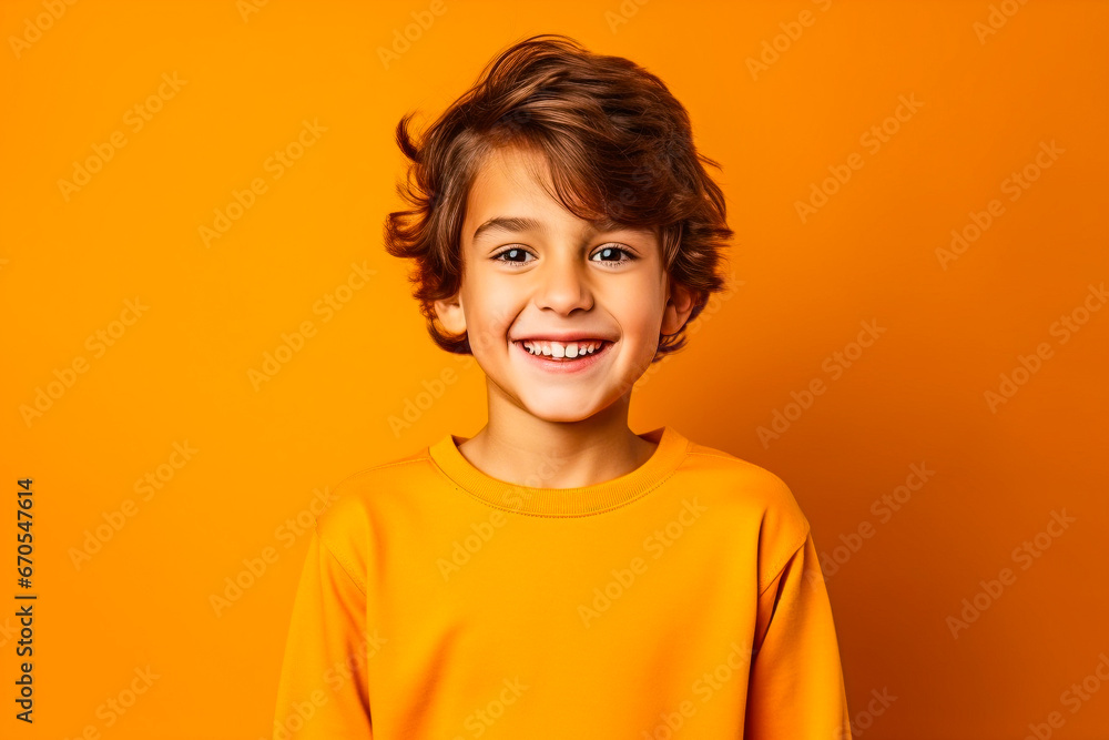 Portrait studio d'un jeune garçon souriant portant un pull orange sur fond orange Portrait studio d'un jeune garçon souriant portant un pull orange sur fond orange