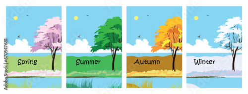 Four seasons landscape icon set. Tree in four times of year spring, summer, fall and winter vector illustration.
