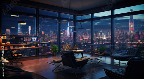 City modern office, large floor to ceiling windows in front of the city night view