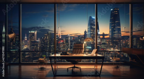 City modern office, large floor to ceiling windows in front of the city night view
