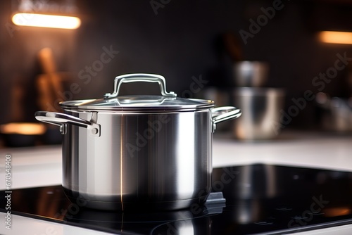 The metal pot on the induction cooker is convenient. Cooking in a modern kitchen
