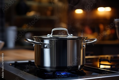 The metal pot on the induction cooker is convenient. Cooking in a modern kitchen