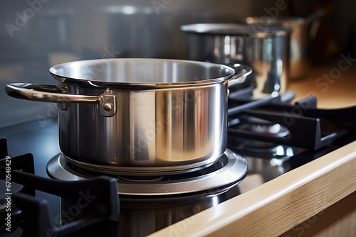 The metal pot on the induction cooker is convenient. Cooking in a modern kitchen