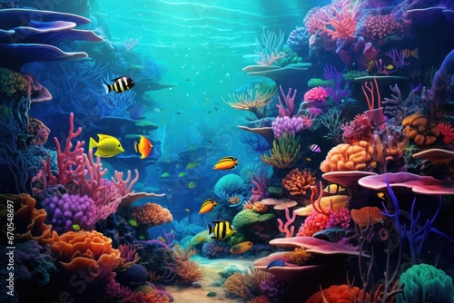 Underwater world with colorful coral reefs and tropical fish.