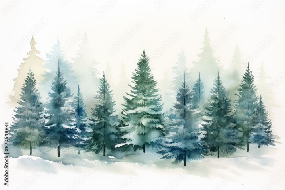 Fototapeta premium Watercolor winter forest scene with snow-capped pine trees.