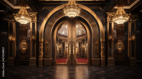 Golden Luxury double door with chandelier. Generative AI photo