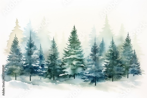 Watercolor winter forest scene with snow-capped pine trees. © Jelena
