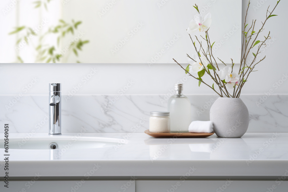 White bathroom interior design, undermount washbasin and faucet on white marble counter in modern luxury minimal washroom. - obrazy, fototapety, plakaty 