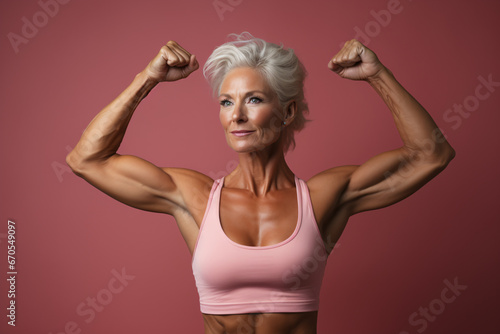 Beautiful cheerful middle aged senior woman with healthy lifestyle, smiling and flexing arm muscles on pink background, health and wellness for aging society concept.