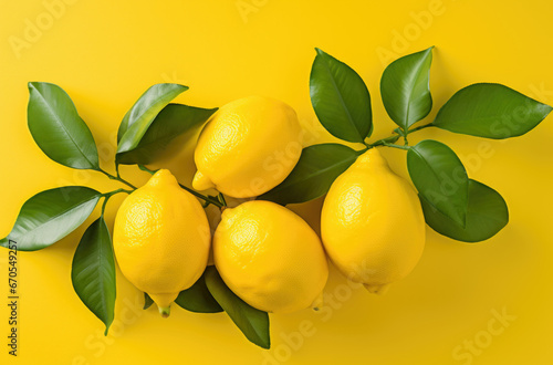 Fresh and Ripe Lemons hanging on a branch with Leaf.