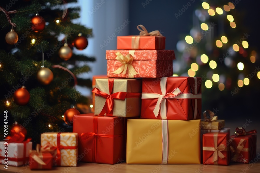 Piles of Christmas gifts under the Christmas tree, winter, New Year and holidays Piles of Christmas gifts under the Christmas tree, winter, New Year and holidays