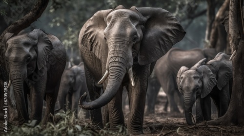 Elephants in National Park. Wildlife Concept With Copy Space © John Martin