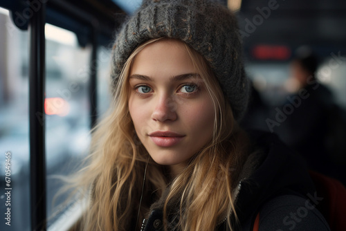 Generative AI portrait illustration of traveler person using public city transport blurred town view © Tetiana