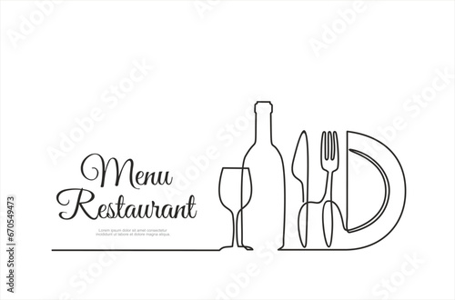 Continuous one single line drawing of plate, fork, knife, bottle of wine and glass. Restaurant menu. Menu food design. Vector illustration.