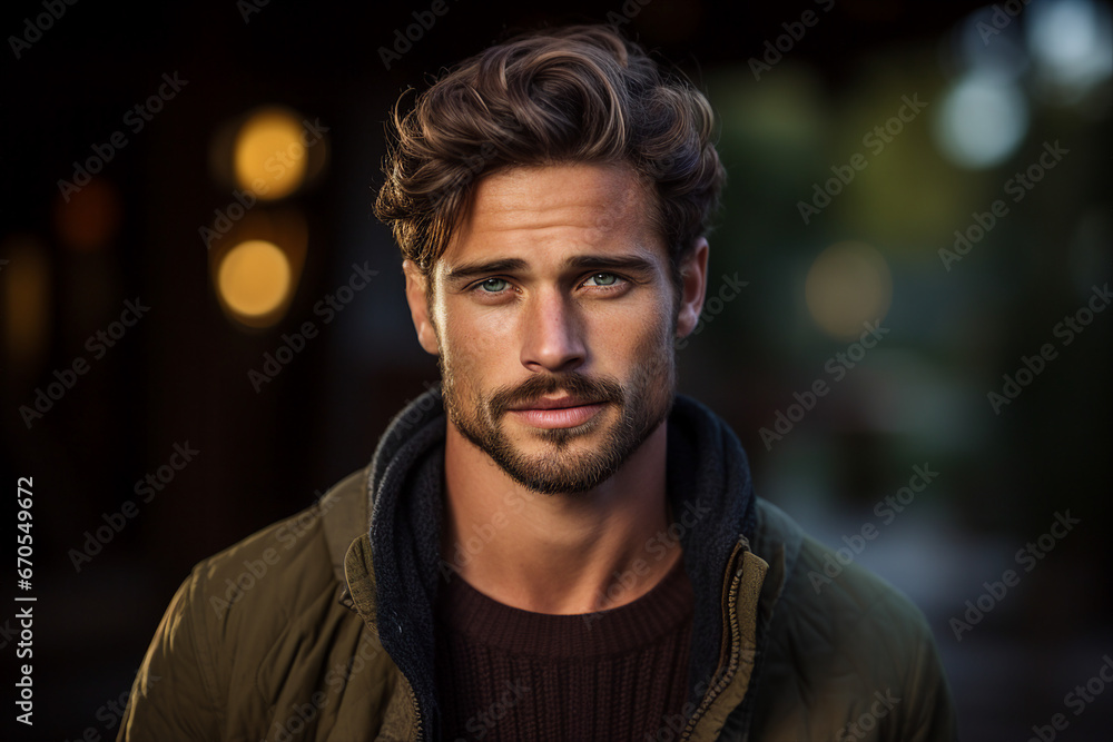 Generative ai technology portrait of attractive young man outdoors town city streets Generative ai technology portrait of attractive young man outdoors town city streets