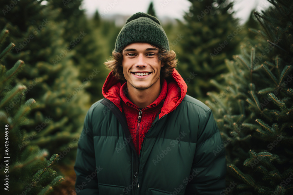 Generative ai technology portrait of attractive young student guy selling christmas tree newyear season fair Generative ai technology portrait of attractive young student guy selling christmas tree newyear season fair