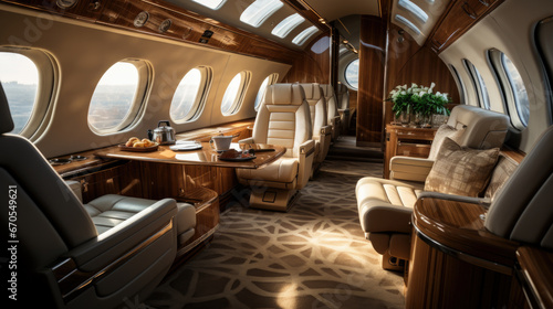 luxury interior in the modern business jet and sunlight at the window/sky and clouds through the porthole. photo