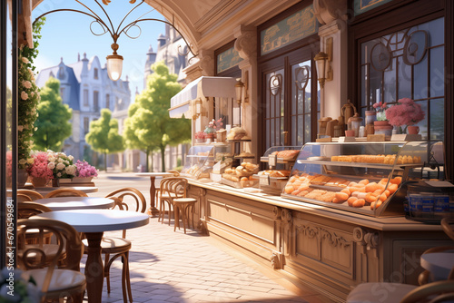 illustration of french patisserie cafe on sunny day photo