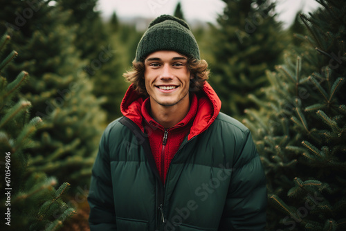 Generative ai technology portrait of attractive young student guy selling christmas tree newyear season fair photo