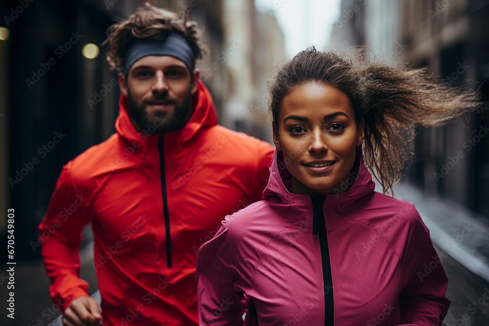 Generative AI picture of happy young people running jogging enjoying active lifestyle fitness concept Generative AI picture of happy young people running jogging enjoying active lifestyle fitness concept