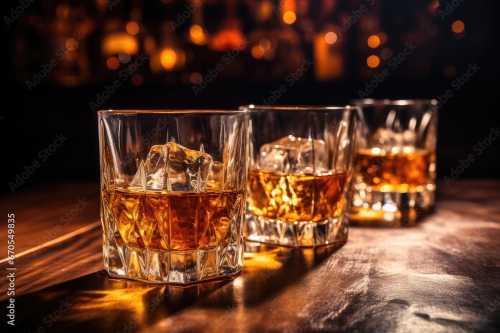 Glasses of whiskey with ice are on the bar Glasses of whiskey with ice are on the bar