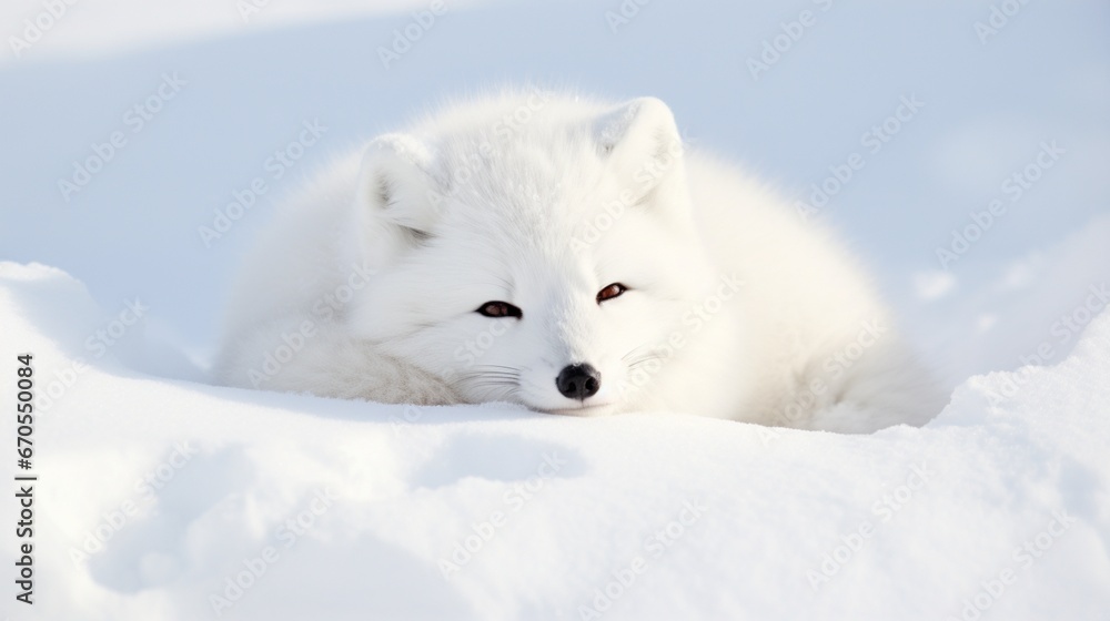 A white Arctic fox curled up, blending seamlessly with the snow-covered ground.
