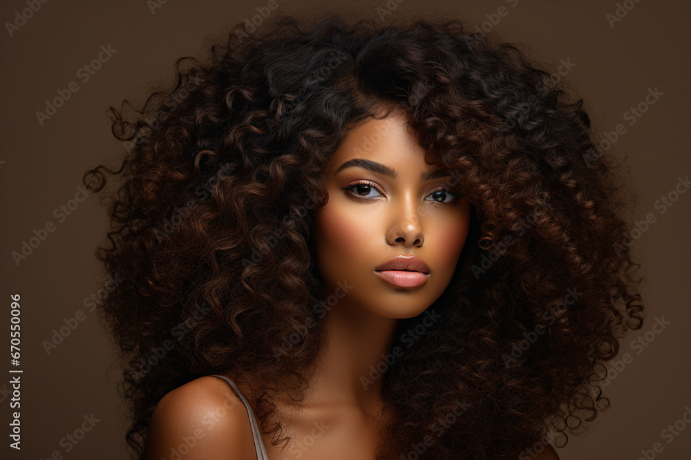 Generative AI picture of Young beautiful girl model demonstrating perfect styling curly hair Generative AI picture of Young beautiful girl model demonstrating perfect styling curly hair