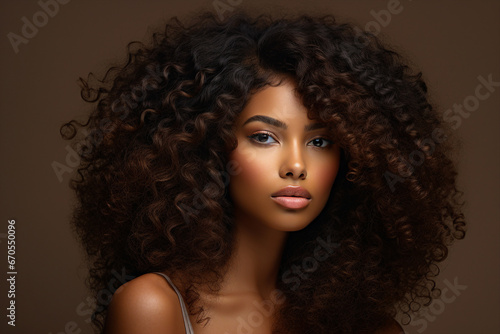 Generative AI picture of Young beautiful girl model demonstrating perfect styling curly hair