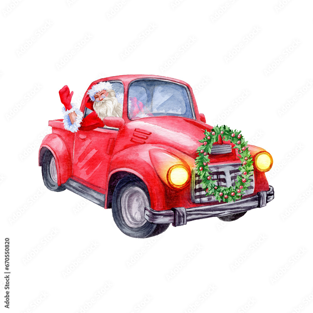 Aqualelle painted red auto with Santa Сlaus in greeting, Christmas Holly wreath isolated object
