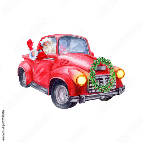 Aqualelle painted red auto with Santa   laus in greeting  Christmas Holly wreath isolated object