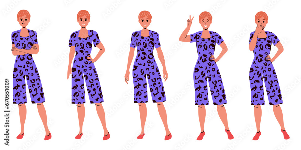 Set of girls with different poses in modern flat style. Isolated. Emotions clothes. Vector stock illustration. Smile, thoughtfulness, joy. Character. Person. Trendy. background.