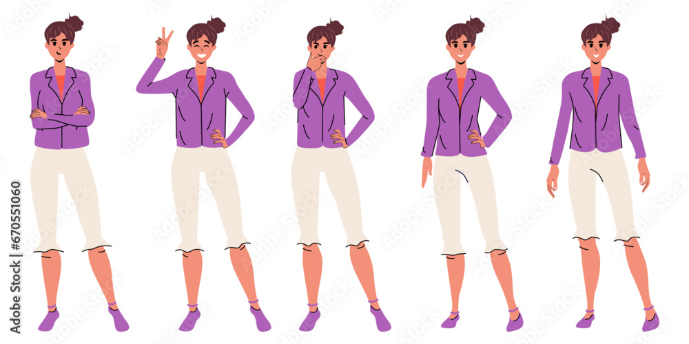 Set of girls with different poses in modern flat style. Isolated. Emotions clothes. Smile, thoughtfulness, grin, joy. Character. Vector stock illustration. Person. Trendy. White background.