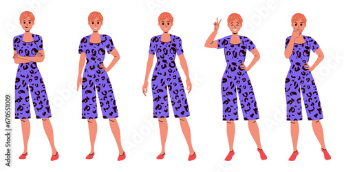 Set of girls with different poses in modern flat style. Isolated. Emotions clothes. Vector stock illustration. Smile, thoughtfulness, joy. Character. Person. Trendy. background.