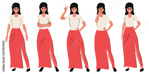 Set of girls with different poses in modern trendy flat style. Cloth. White background. Emotions Character. Vector stock illustration. Isolated.