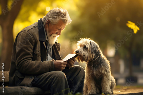 An aged man is sitting in an autumn park with a dog © Julia Jones