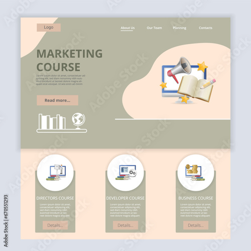 Marketing course flat landing page website template. Directors course, developer course, business course. Web banner with header, content and footer. Vector illustration.