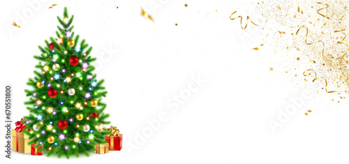 Horizontal Banner with Christmas Tree Decorated with Glowing Garlands and Golden Confetti