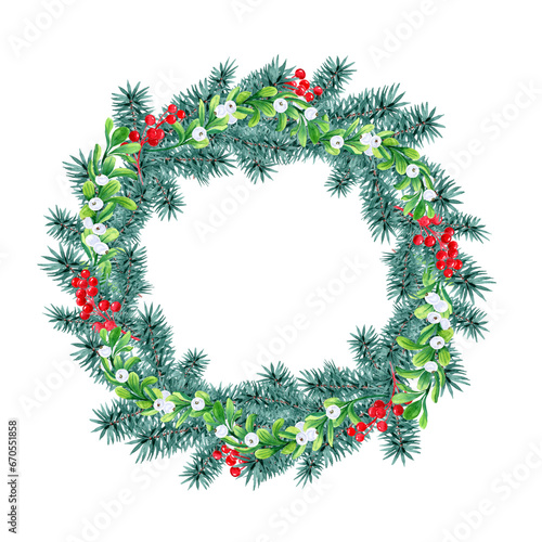 aquarelle round wreath for traditional Christmas decor and Christmas attire with fir paws and snowberries