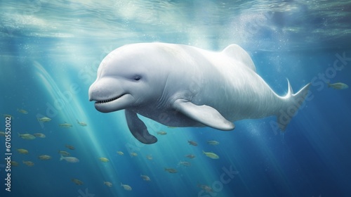 A white beluga whale gracefully swimming underwater, bubbles trailing behind.