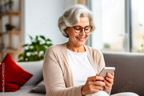 Femme senior utilisant son téléphone portable et souriant