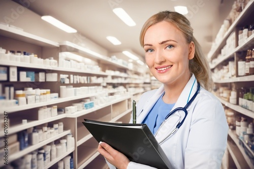 Pharmacy portrat of young woman for medicine management, AI generated image photo