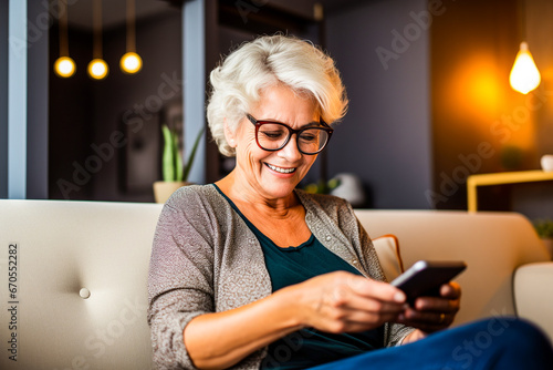 Femme senior utilisant son téléphone portable  et souriant photo