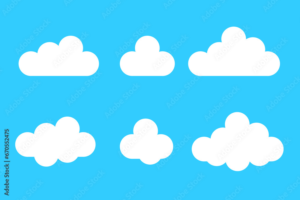Set of Cloud Icons in cartoon flat style isolated on blue background. Vector design elements weather.