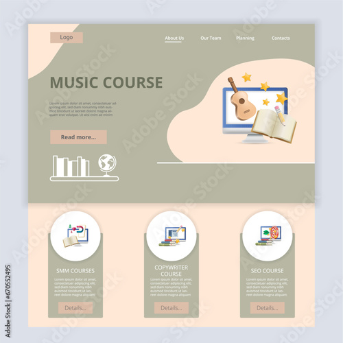 Music course flat landing page website template. Smm courses, copywriter course, seo course. Web banner with header, content and footer. Vector illustration.