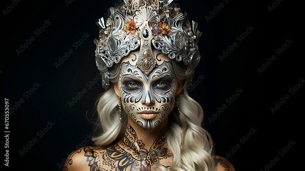 Closeup portrait creative halloween makeup sugar skull style painted woman face. Sexy girl looks at camera. Professional body art.