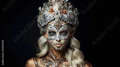 Closeup portrait creative halloween makeup sugar skull style painted woman face. Sexy girl looks at camera. Professional body art. © ksu_ok