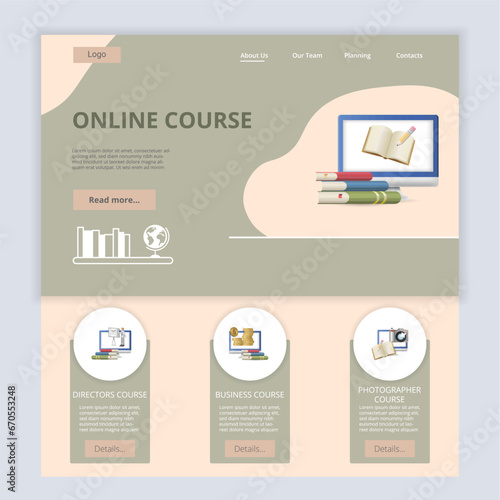 Online course flat landing page website template. Directors course, business course, photographer course. Web banner with header, content and footer. Vector illustration.