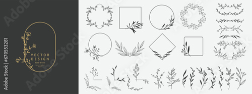 Hand drawn delicate floral borders, frames, dividers, corners with flowers and branches. Trendy greenery logo elements in line art style. Vector set for label, wedding invitation, save the date card 
