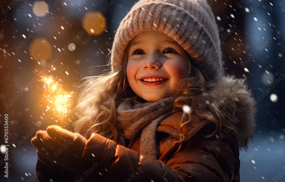 Witness the pure joy of a little girl chasing snowflakes in a winter wonderland. Captured in glowing lights, this 32K UHD photo-realistic landscape on a shaped canvas celebrates the magic of nature.